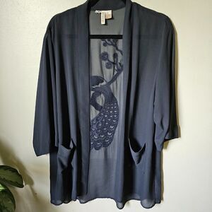 EUC LIKE NEW H&M DIVIDED SHEER KIMONO CARDIGAN EMBROICERED PEACOCK SIZE 10 / M